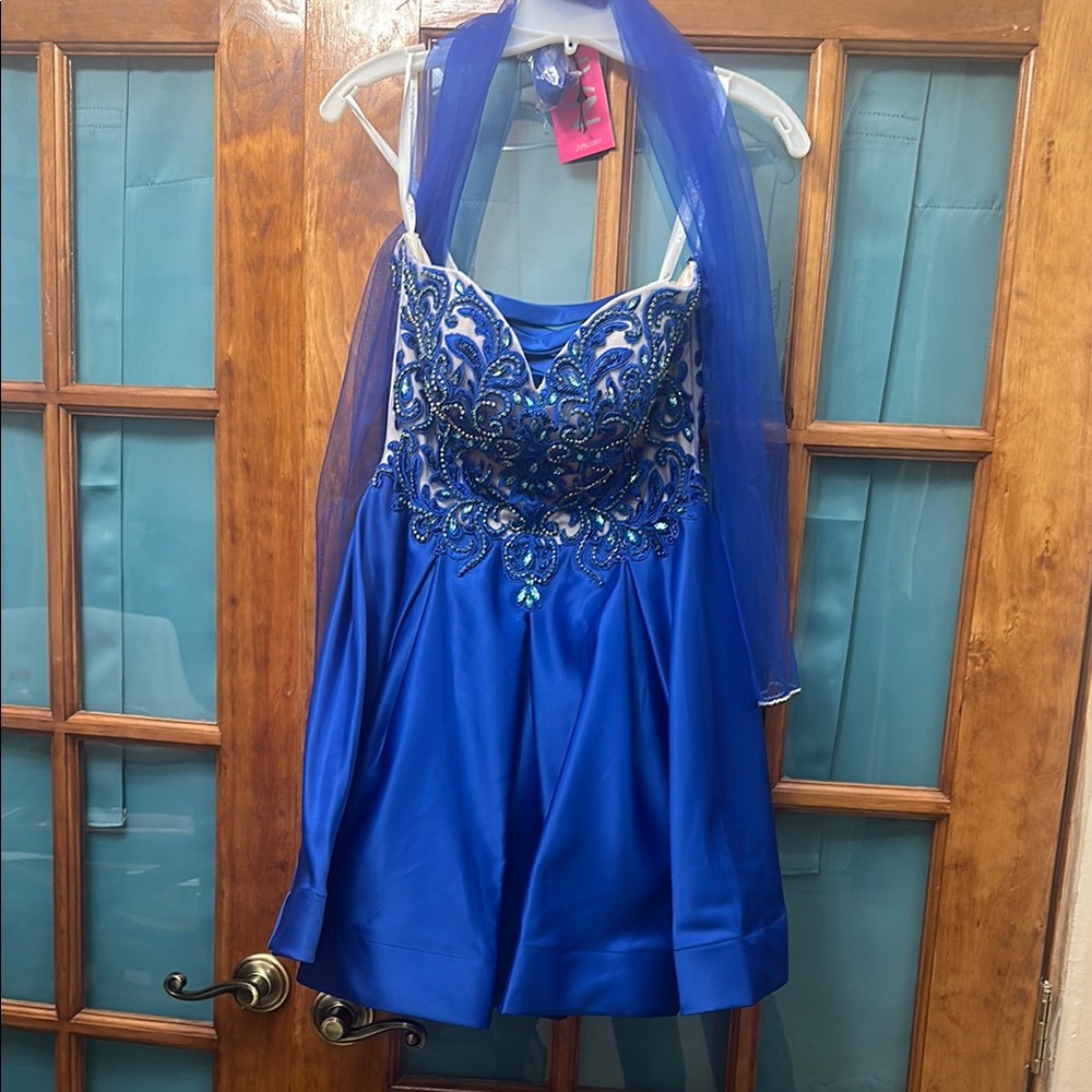 Jovani Blue Sequin Embellished Wrap Dress